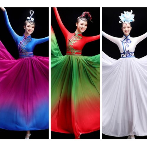 Royal blue green red colored Mongolian dance dresses for women girls Mongolian performance robe swing skirt Classical dance Mongolian clothing for woman